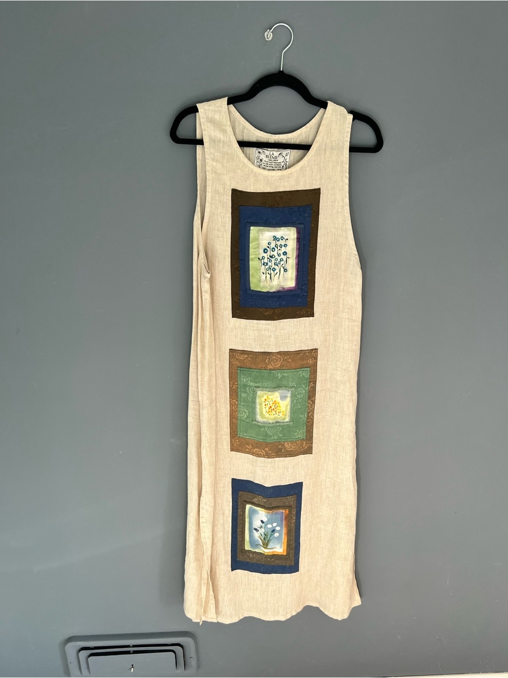 New LA Blend 100% Linen Size S Maxi Dress Hand Painted Floral Patch Cottagecore